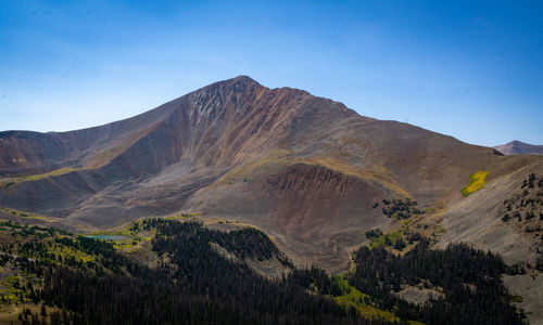 Scenic view of mountains against clear blue sky