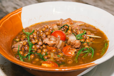 High angle view of soup in bowl on table