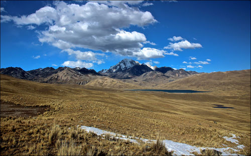 Scenic view of mountains against cloudy sky