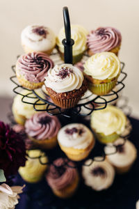 High angle view of cupcakes on rack