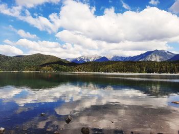 Scenic view of lake by mountains against sky