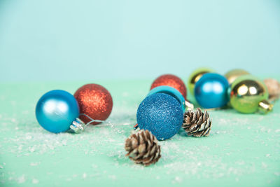 Close-up of blue balls on table