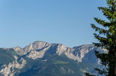 Scenic view of mountains against clear blue sky