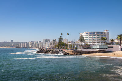 Scenic view of sea against clear blue sky