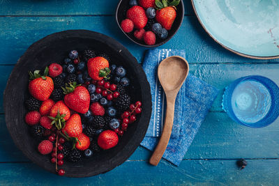 Directly above shot of strawberries in bowl on table