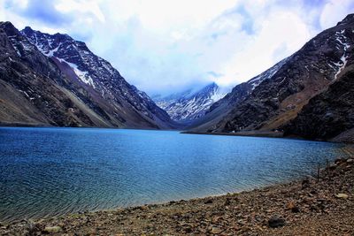 Scenic view of lake and snowcapped mountains against sky