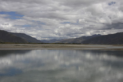 Scenic view of lake and mountains against sky