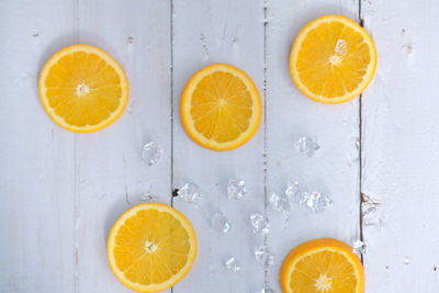 Directly above shot of orange juice against white background
