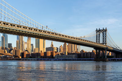 View of suspension bridge with city in background