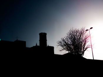 Low angle view of silhouette tree and building against sky