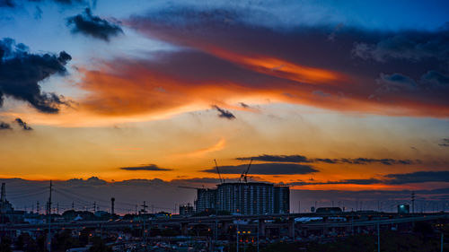 Dramatic sky over city during sunset