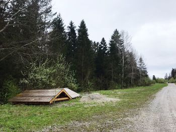 Empty road amidst trees on field against sky