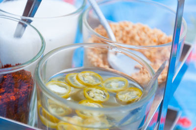 High angle view of drink in glass on table