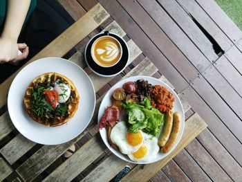 High angle view of meal served on table