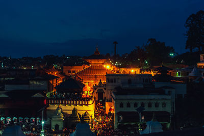 High angle view of pashupatinath temple  in city at night