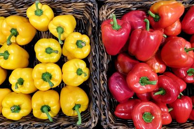 High angle view of bell peppers for sale in market