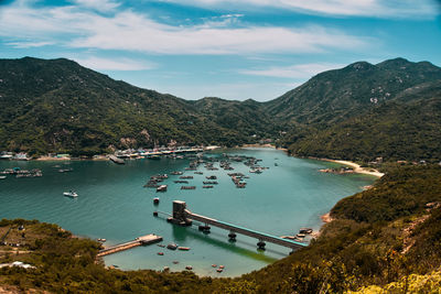 High angle view of boats in bay