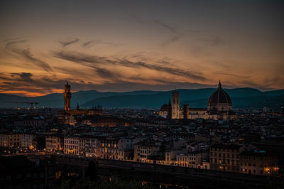 High angle view of illuminated buildings against sky during sunset