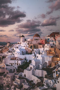 High angle view of townscape against sky at sunset