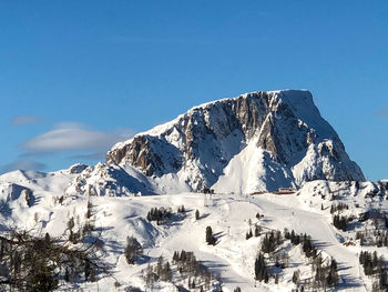 Scenic view of snowcapped mountains against clear blue sky