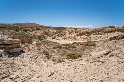 Scenic view of rocky mountains against clear blue sky