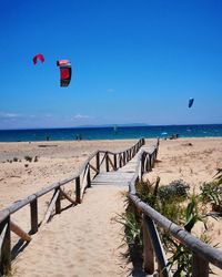 Scenic view of beach against clear blue sky