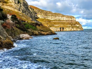 Scenic view of rocky beach against sky