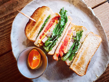 High angle view of breakfast served on table