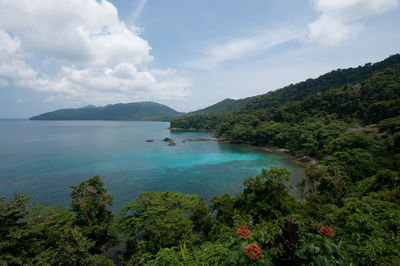 Scenic view of bay against sky