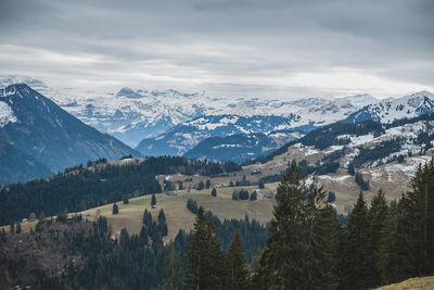 Scenic view of mountains against cloudy sky