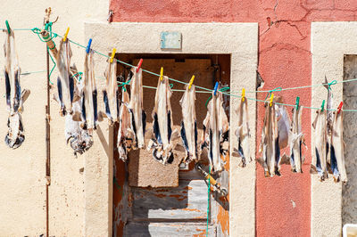Clothes drying on clothesline against wall