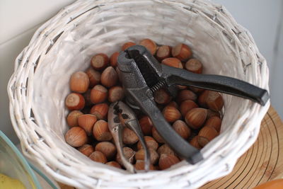 High angle view of eggs in basket