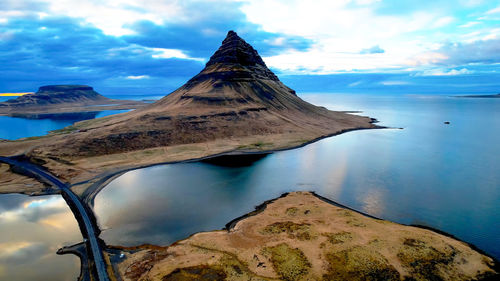 . aerial view of kirkjufell mountain, iceland by drone