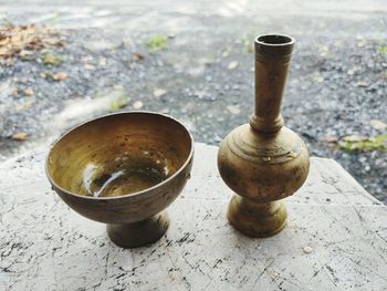 High angle view of rusty metal on table