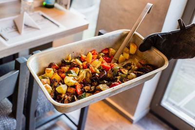 High angle view of vegetables in bowl on table