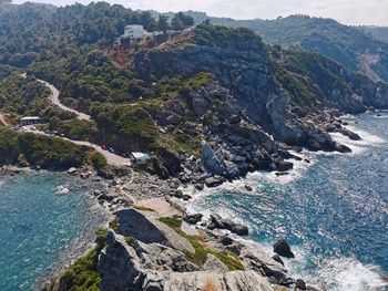 High angle view of sea and mountains