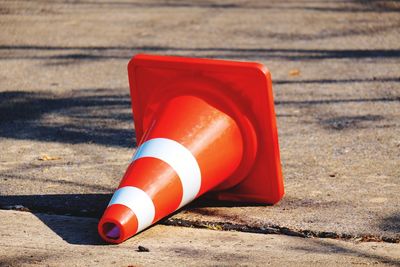 High angle view of red flag on road