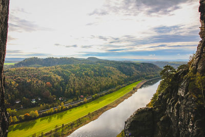 Scenic view of river amidst green landscape against sky