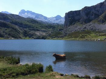 Scenic view of lake against mountain range