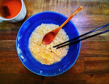 High angle view of food in bowl on table