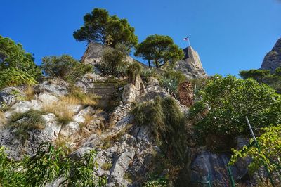 Low angle view of rock formation against sky