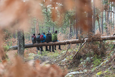 Male hikers sitting together on fallen tree in autumn forest