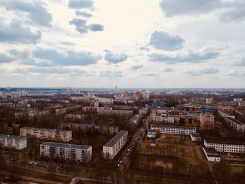 High angle view of buildings in city