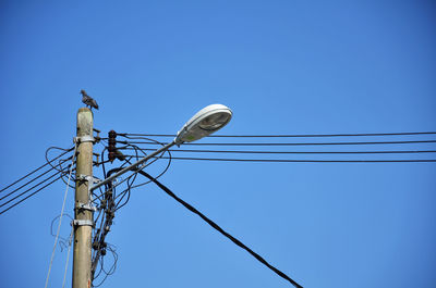 Low angle view of bird perching on electricity pylon against clear blue sky