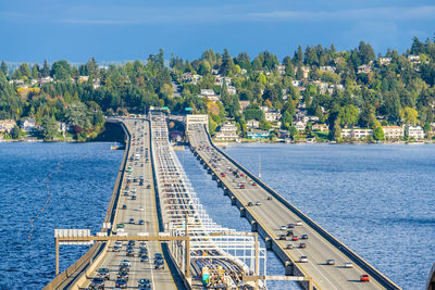 A view of interstate ninety floating bridges from seattle.