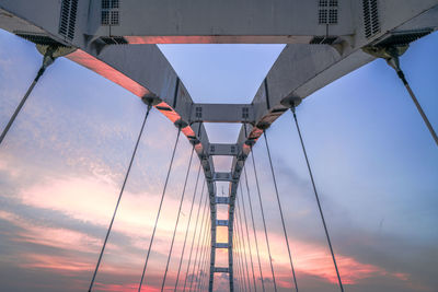 Low angle view of suspension bridge against sky during sunset