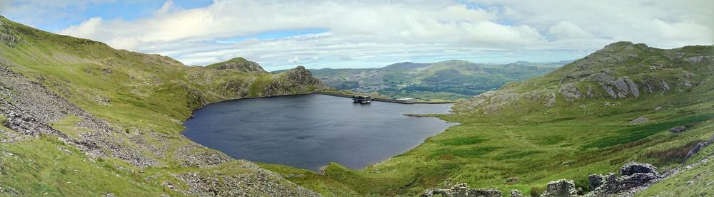 High angle view of lake against cloudy sky