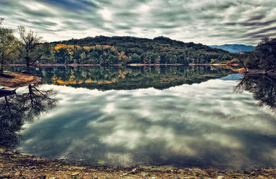 Reflection of trees in lake against sky