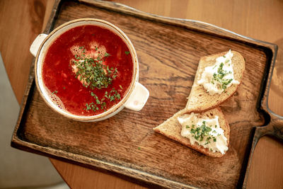 High angle view of food on table