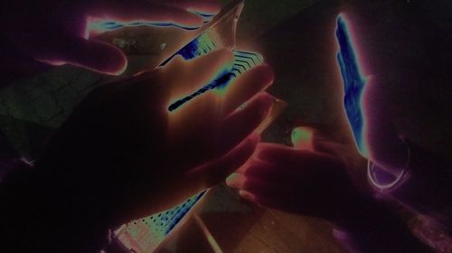 High angle view of people on hands